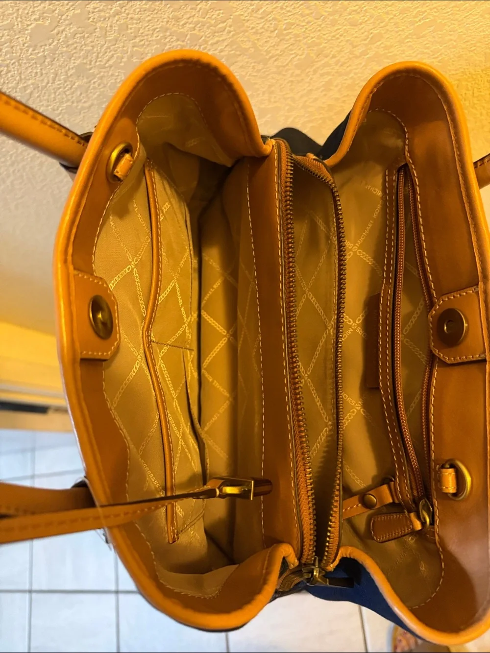 Michael Kors Navy Canvas Tote with Tan Leather Trim